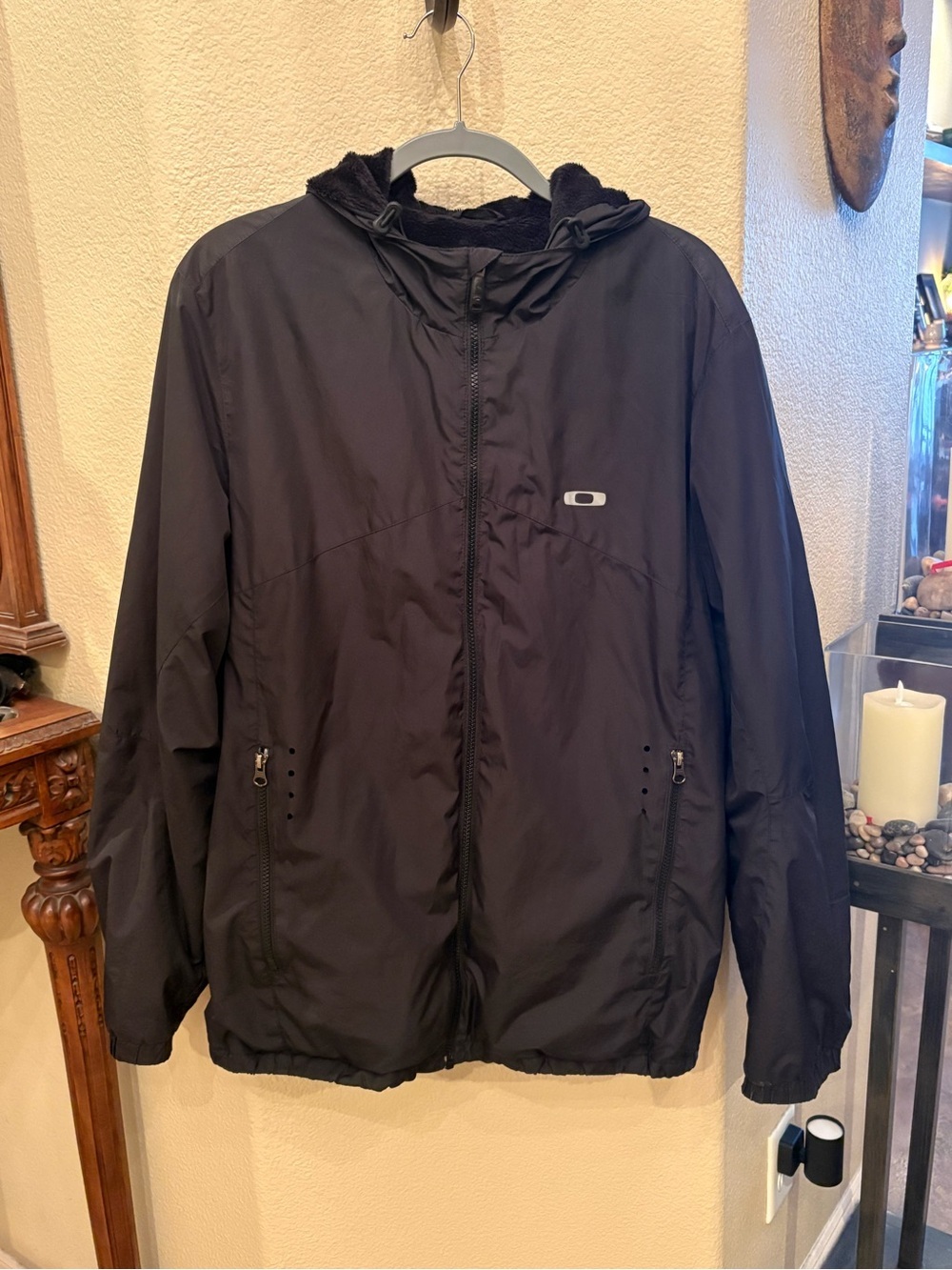 Oakley Men Black Fleece Lined Hooded Zipped Warm Windbreaker Jacket Size XL